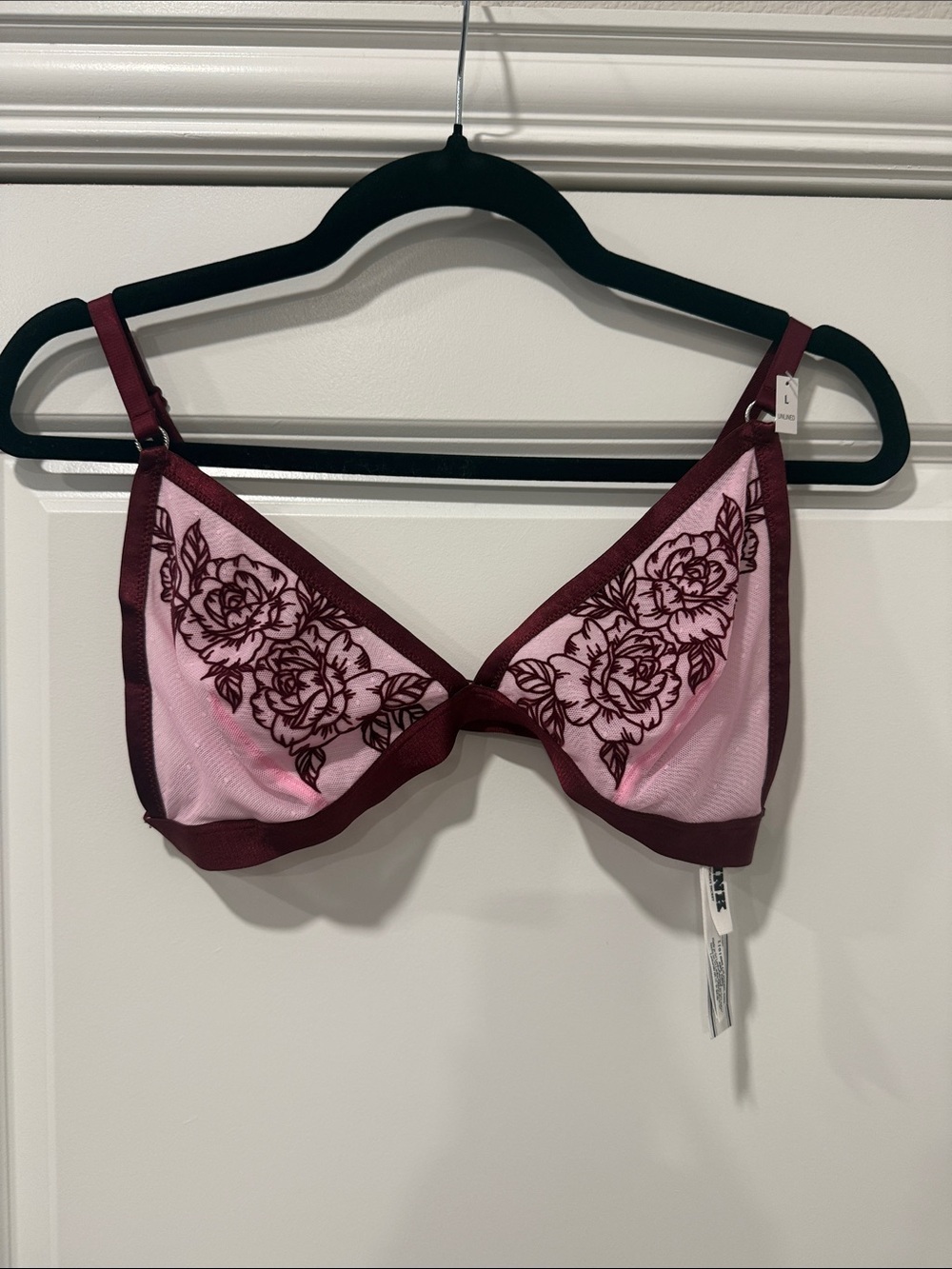 PINK Victoria's Secret Pink Mesh Bra Burgundy Floral Embroidery Unlined Sz Large